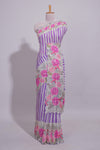 White Linen saree with violet stripes and vibrant pink floral scallop border with contrast printed blouse