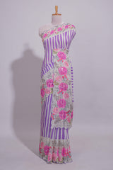 White Linen saree with violet stripes and vibrant pink floral scallop border with contrast printed blouse
