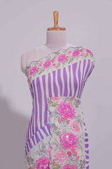 White Linen saree with violet stripes and vibrant pink floral scallop border with contrast printed blouse
