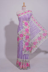 White Linen saree with violet stripes and vibrant pink floral scallop border with contrast printed blouse