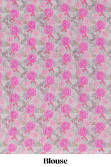 White Linen saree with violet stripes and vibrant pink floral scallop border with contrast printed blouse