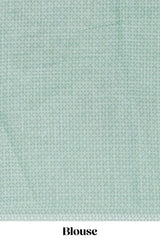 Pastel green linen saree tree motifs and tiny sequin with scalloped border and matching blouse