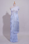 Indigo blue linen saree tiny motifs and sequin with scalloped border and matching blouse