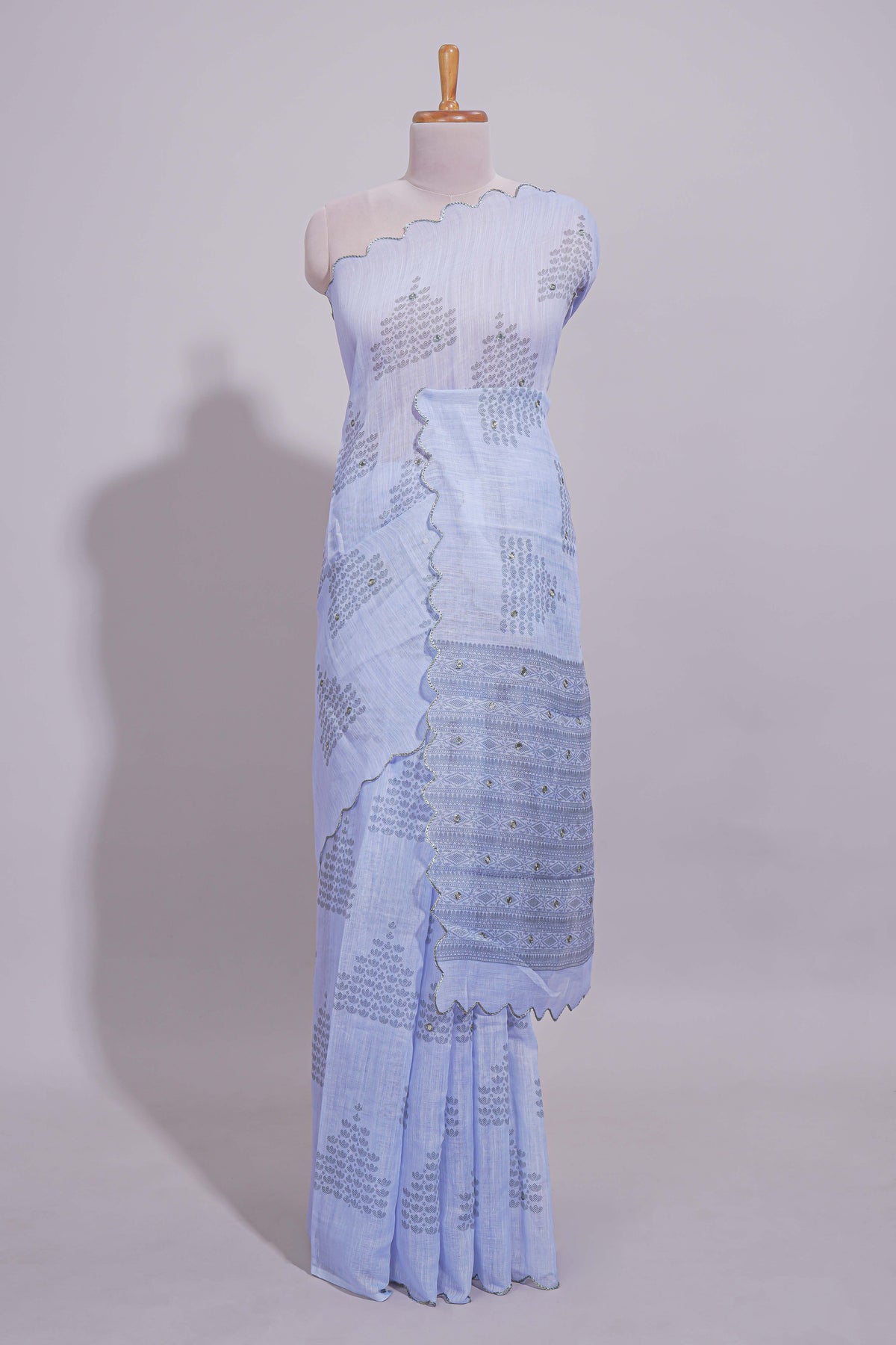 Indigo blue linen saree tiny motifs and sequin with scalloped border and matching blouse