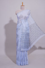 Indigo blue linen saree tiny motifs and sequin with scalloped border and matching blouse