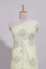 Pastel yellow linen saree tree motifs and tiny sequin with scalloped border and matching blouse