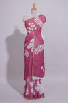Rani pink linen saree with bold white floral and geometric prints finished with a subtle metallic border along with matching blouse