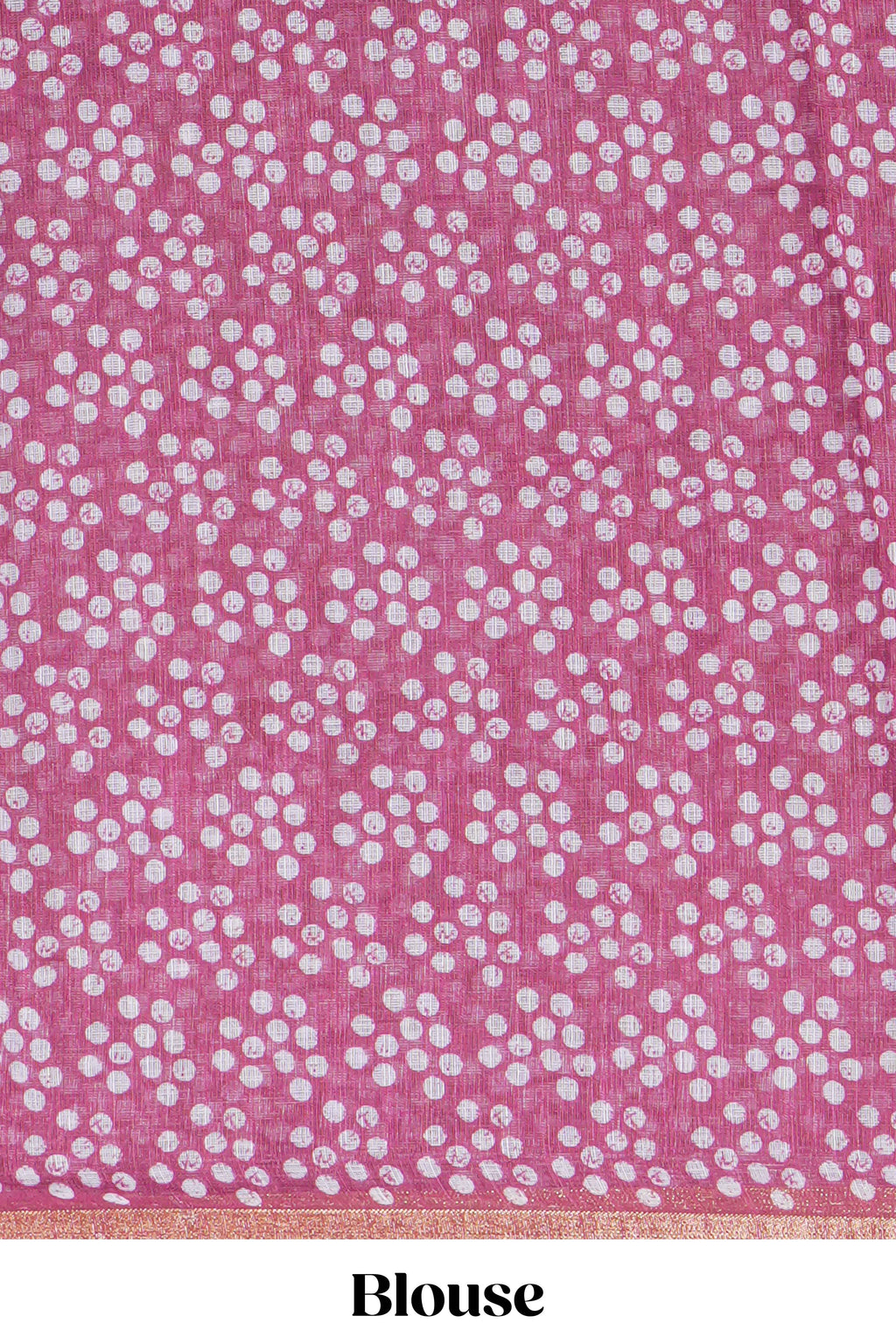 Rani pink linen saree with bold white floral and geometric prints finished with a subtle metallic border along with matching blouse
