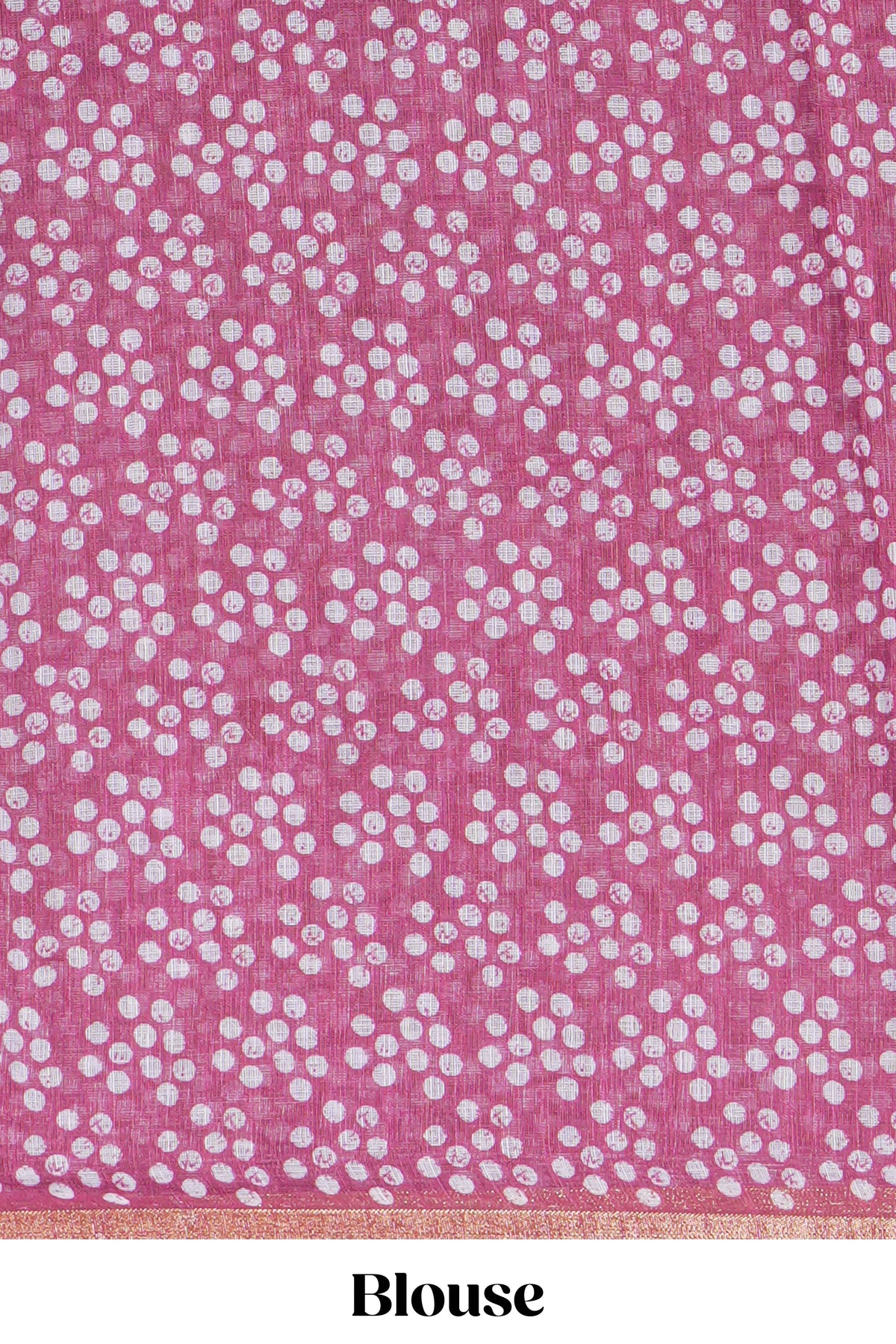 Rani pink linen saree with bold white floral and geometric prints finished with a subtle metallic border along with matching blouse