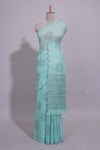 Pastel blue linen saree tree motifs and tiny sequin with scalloped border and matching blouse