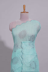 Pastel blue linen saree tree motifs and tiny sequin with scalloped border and matching blouse