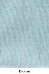 Pastel blue linen saree tree motifs and tiny sequin with scalloped border and matching blouse