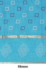 Checked linen saree with contrast blue border and pallu along with contrast printed blouse
