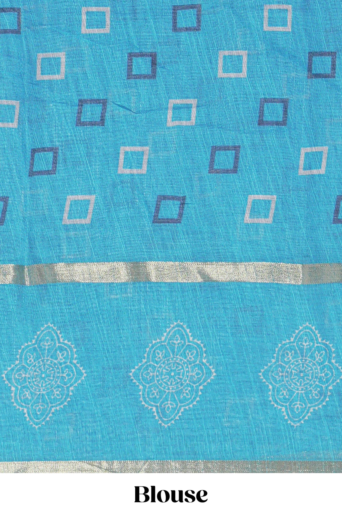Checked linen saree with contrast blue border and pallu along with contrast printed blouse