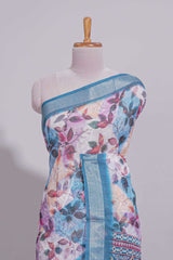 Floral printed linen cotton saree with contrast zariborder and geometric pallu along with matching blouse