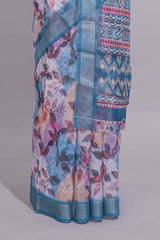 Floral printed linen cotton saree with contrast zariborder and geometric pallu along with matching blouse