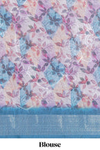 Floral printed linen cotton saree with contrast zari  border and geometric pallu along with matching blouse