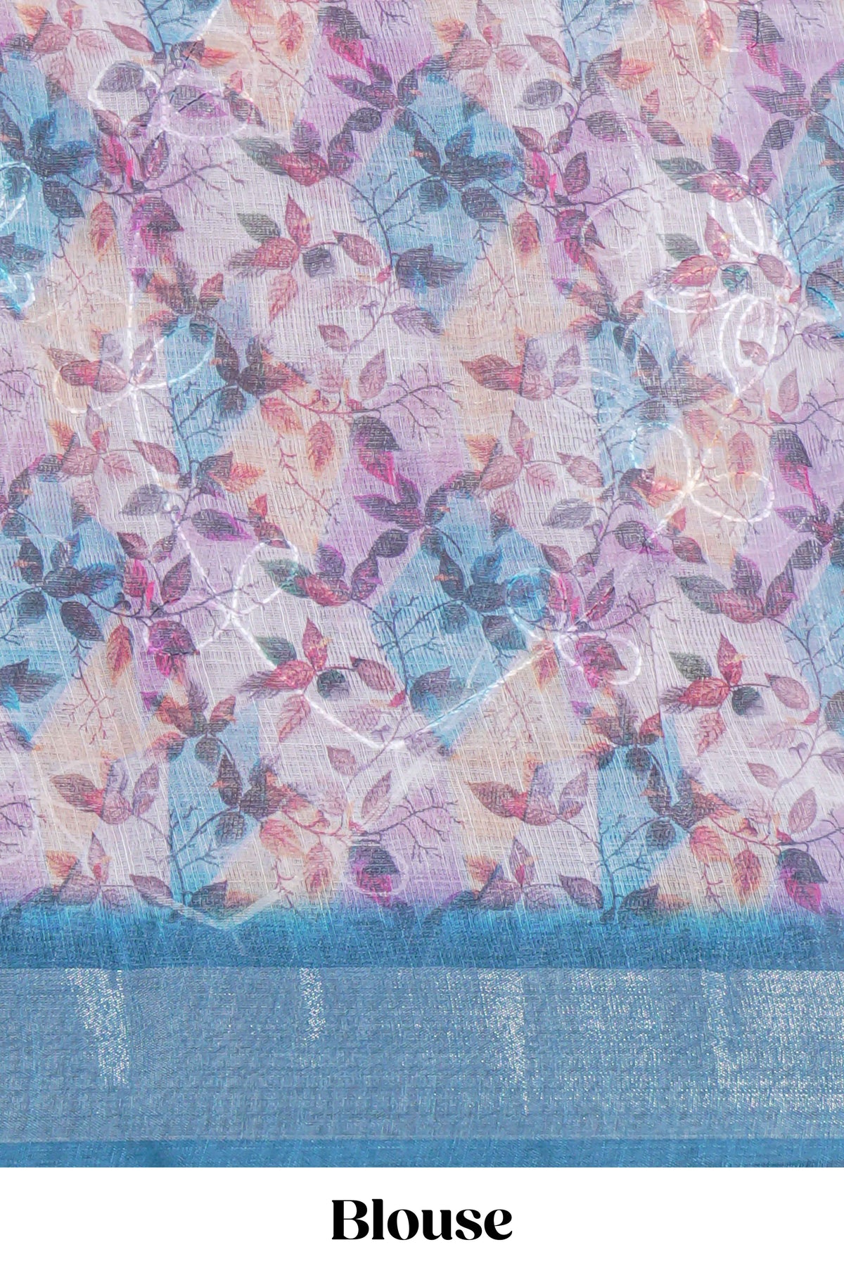 Floral printed linen cotton saree with contrast zari  border and geometric pallu along with matching blouse
