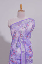 Purple Floral printed linen cotton saree with contrast zari  border and geometric pallu along with matching blouse