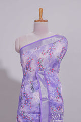 Purple Floral printed linen cotton saree with contrast zariborder and geometric pallu along with matching blouse