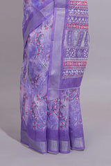 Purple Floral printed linen cotton saree with contrast zariborder and geometric pallu along with matching blouse