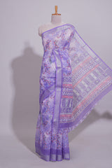 Purple Floral printed linen cotton saree with contrast zariborder and geometric pallu along with matching blouse