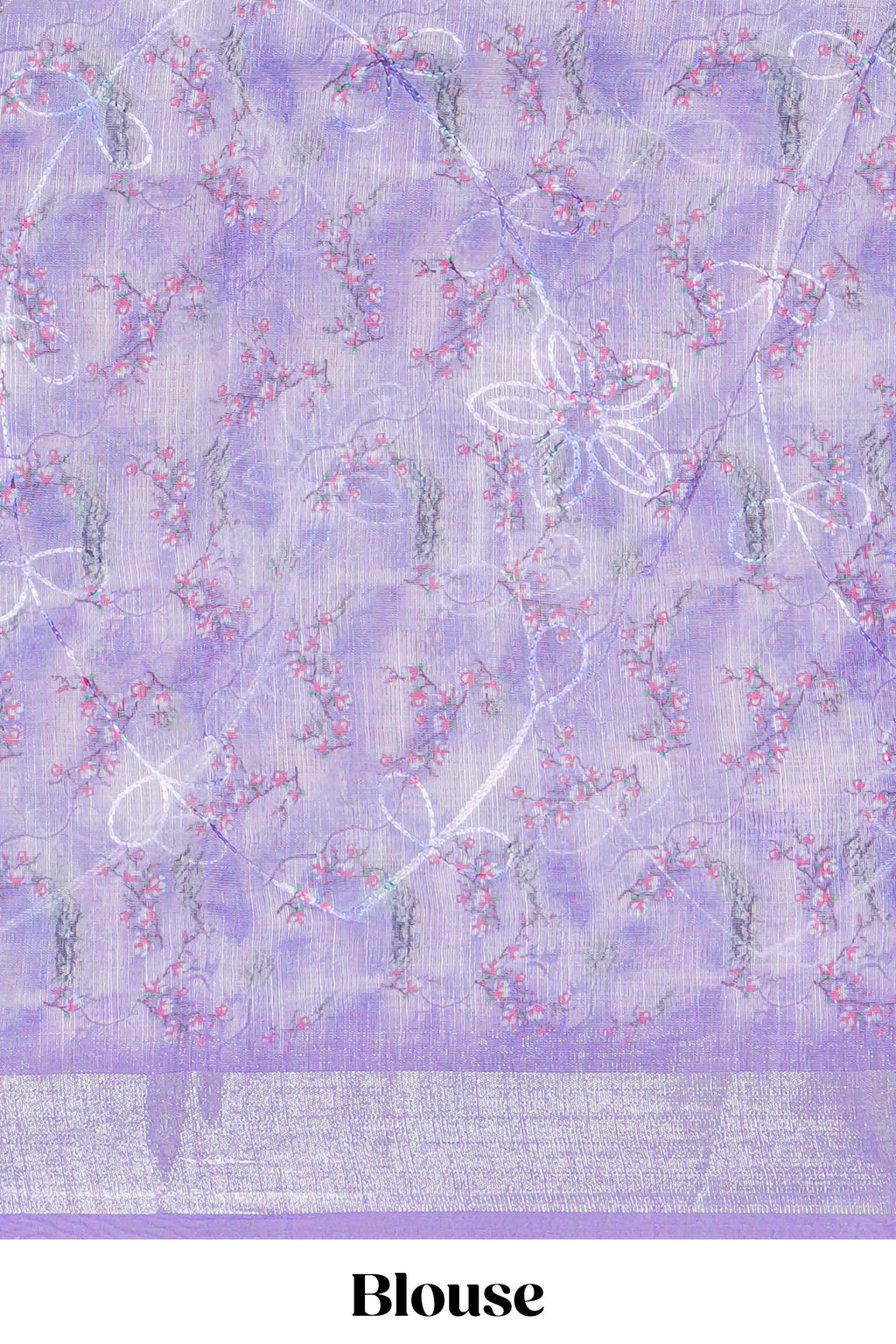 Purple Floral printed linen cotton saree with contrast zari  border and geometric pallu along with matching blouse