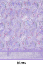 Purple Floral printed linen cotton saree with contrast zari  border and geometric pallu along with matching blouse