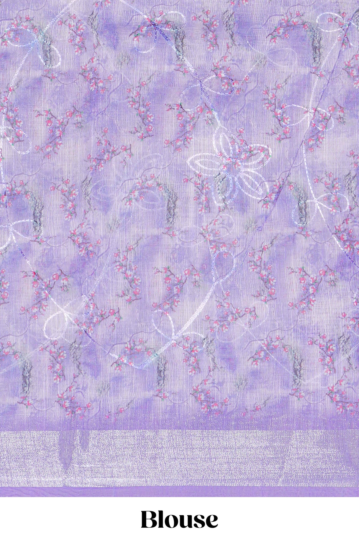 Purple Floral printed linen cotton saree with contrast zari  border and geometric pallu along with matching blouse