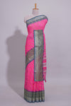 Pink colour linen cotton saree with zari striped body and contrast border with geometric pallu along with contrast blouse