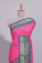 Pink colour linen cotton saree with zari striped body and contrast border with geometric pallu along with contrast blouse