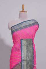 Pink colour linen cotton saree with zari striped body and contrast border with geometric pallu along with contrast blouse