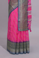 Pink colour linen cotton saree with zari striped body and contrast border with geometric pallu along with contrast blouse