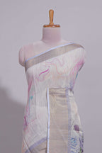 Ivory Floral printed linen cotton saree with contrast zari  border and self pallu along with contrast blouse
