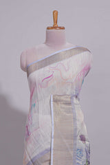 Ivory Floral printed linen cotton saree with contrast zariborder and self pallu along with contrast blouse
