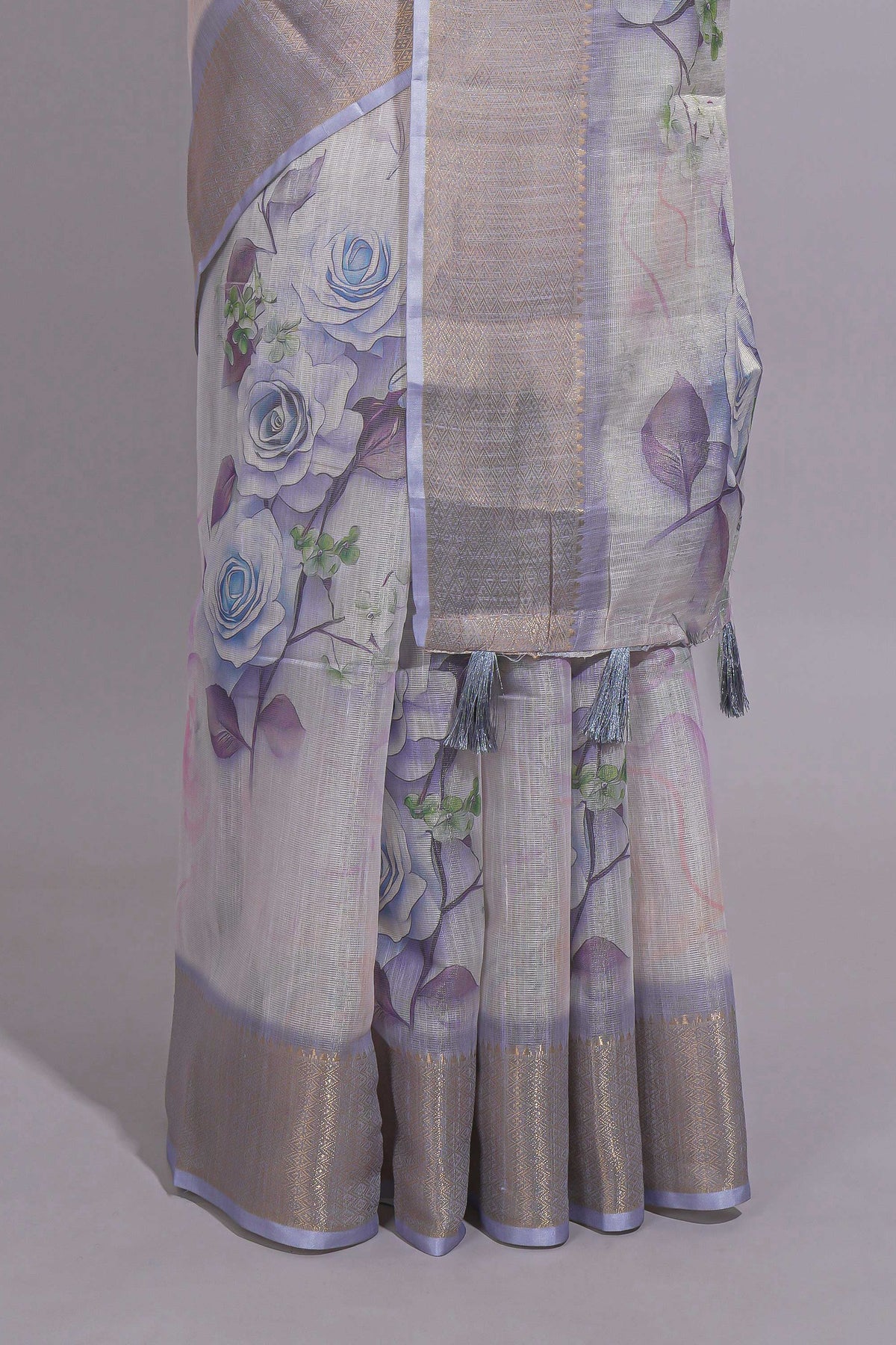 Ivory Floral printed linen cotton saree with contrast zari  border and self pallu along with contrast blouse