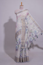 Ivory Floral printed linen cotton saree with contrast zari  border and self pallu along with contrast blouse