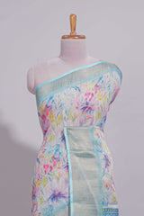 Ivory Floral linen cotton saree with contrast zariborder and self pallu along with contrast blouse