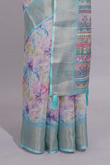 Ivory Floral linen cotton saree with contrast zariborder and self pallu along with contrast blouse
