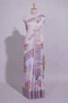 White Floral printed linen cotton saree with contrast zariborder and self pallu along with matching blouse
