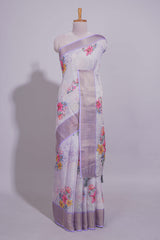 White Floral printed linen cotton saree with contrast zariborder and self pallu along with matching blouse