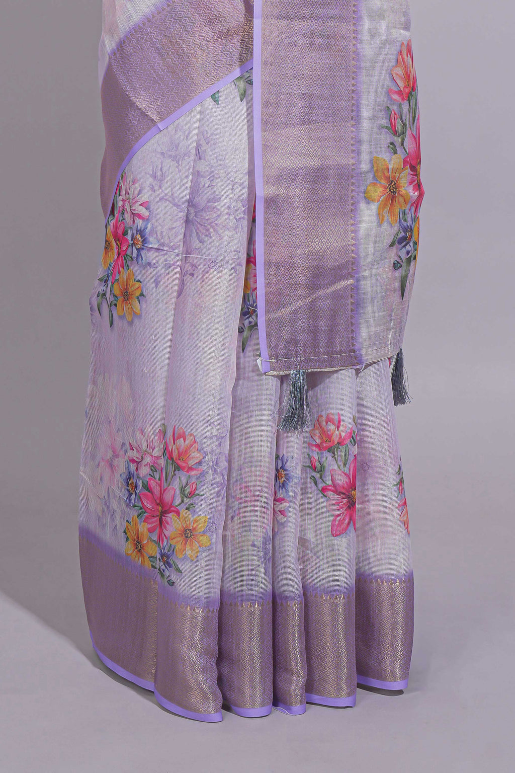 White Floral printed linen cotton saree with contrast zari  border and self pallu along with matching blouse