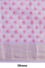 White Floral printed linen cotton saree with contrast zariborder and self pallu along with matching blouse