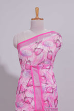 Pink Floral printed linen cotton saree with contrast zari  border and geometric pallu along with matching blouse
