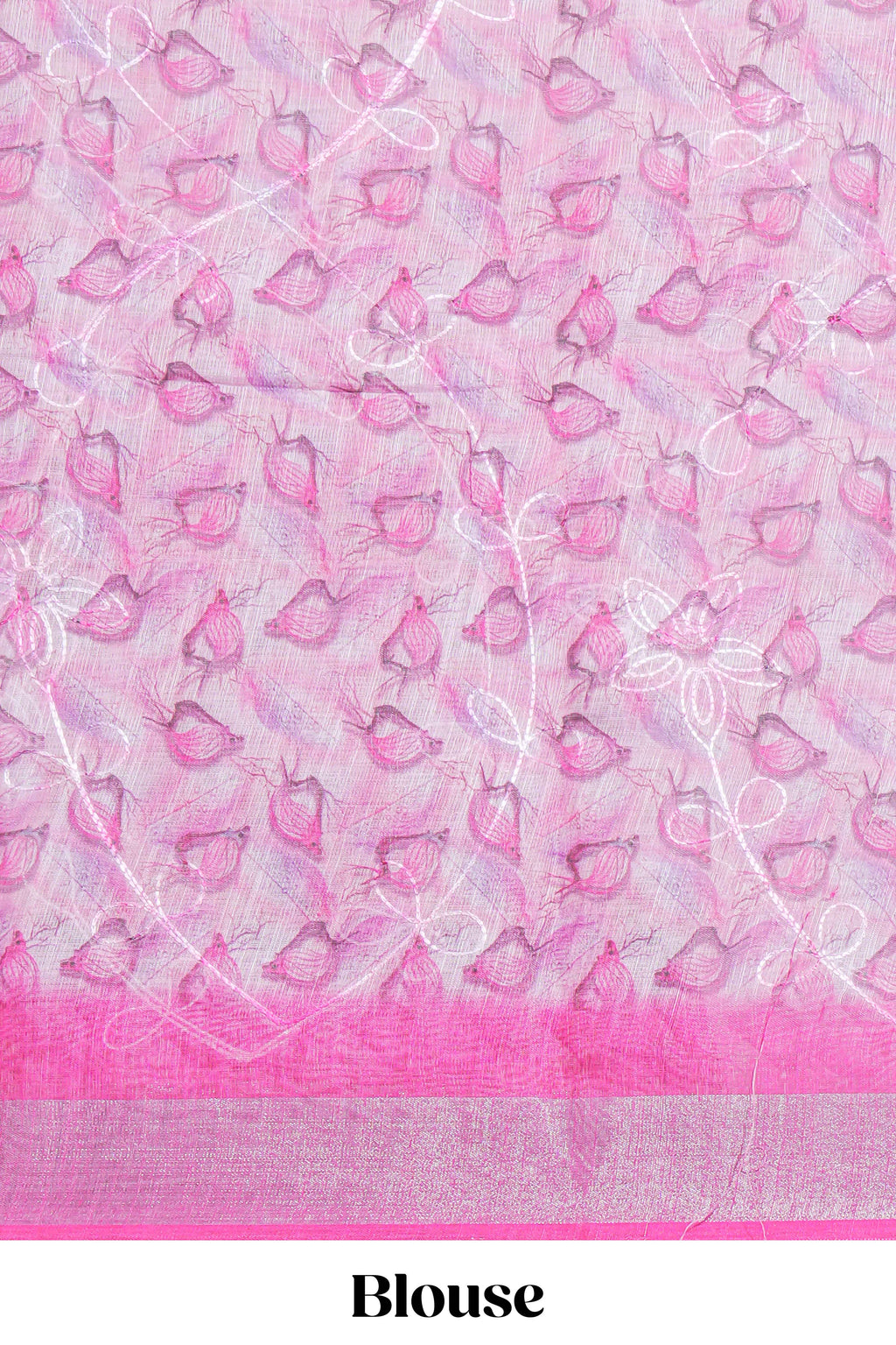 Pink Floral printed linen cotton saree with contrast zari  border and geometric pallu along with matching blouse
