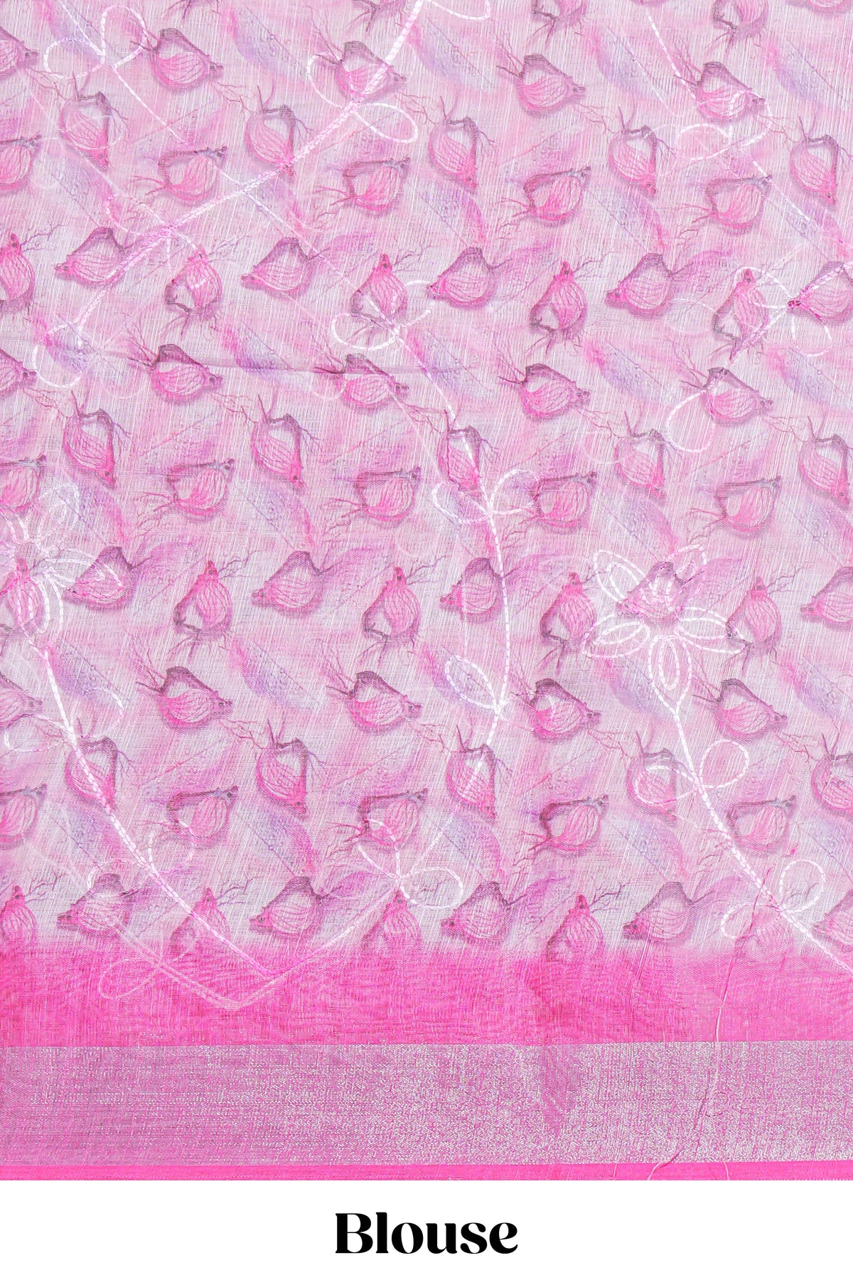 Pink Floral printed linen cotton saree with contrast zari  border and geometric pallu along with matching blouse