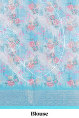Blue Floral printed linen cotton saree with contrast zariborder and geometric pallu along with matching blouse