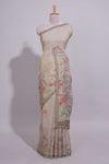 Soft olive green Floral printed linen cotton saree with contrast zariborder and self pallu along with matching blouse