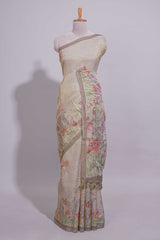 Soft olive green Floral printed linen cotton saree with contrast zariborder and self pallu along with matching blouse