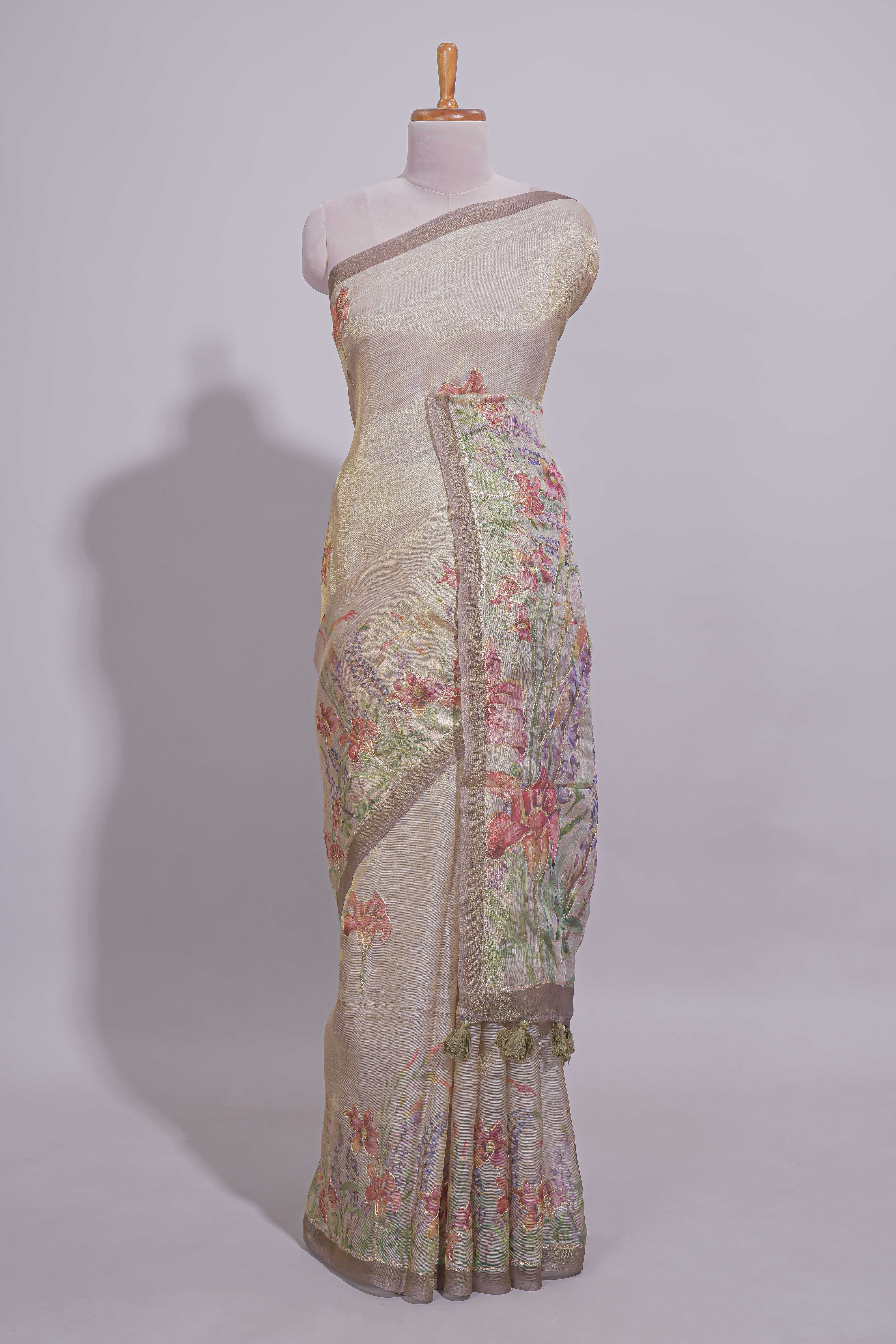 Soft olive green Floral printed linen cotton saree with contrast zariborder and self pallu along with matching blouse